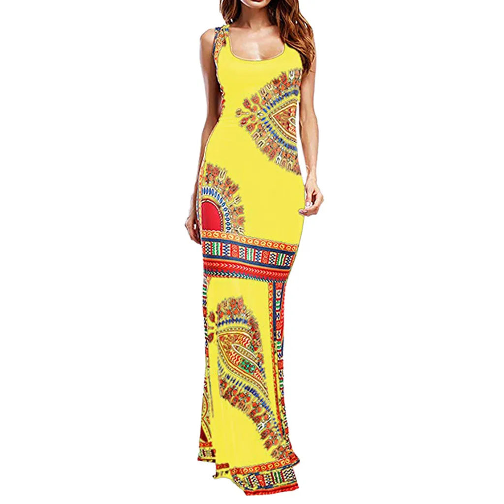 النساء بوهو الأزهار Bodycon س الرقبة الكاحل طول أكمام Dashiki مثير طويلة الأفريقي اللباس #0522