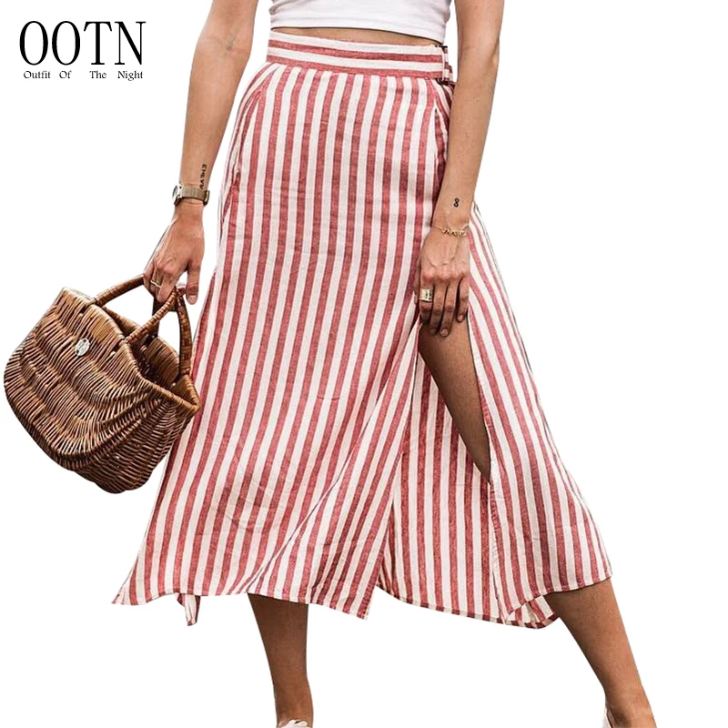 Goede OOTN Rood Wit Gestreepte Hoge Taille Rokken Vrouwen Split Sexy Lange Rokken Vrouwelijke Kantoor Midi Rok Rits Dames Casual Mode 2018