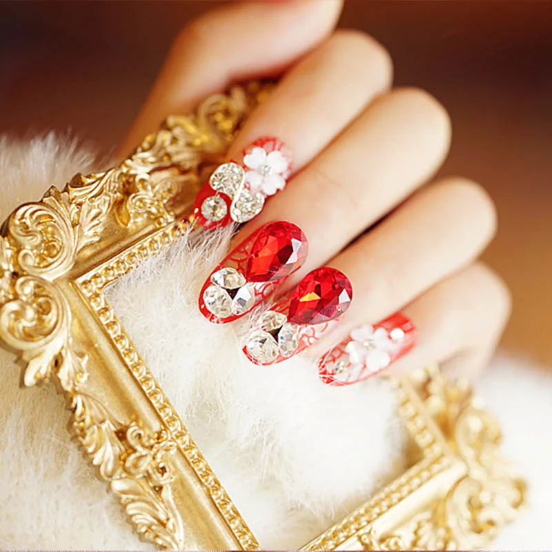 

24pcs Charming Bride Shiny Wine Red Drop Shape Crystal Long Top Fake Nails Elegent 3D Full Cover Artificial Press On Fake Nails