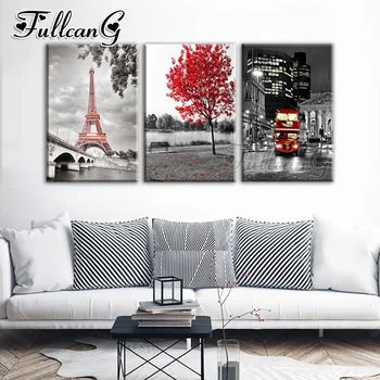 

FULLCANG 5d diy diamond painting sale red tree & bus diamond embroidery triptych paris tower full square/round drill FC1119