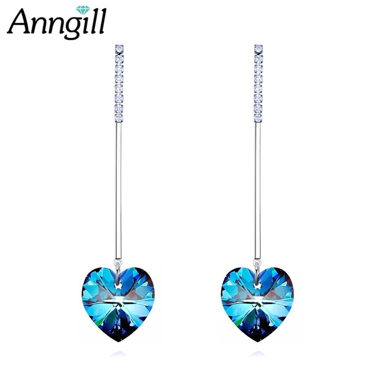 

Blue XILION Heart Crystals from Swarovski Long Drop Earrings For Women Hanging Piercing Silver 925 Jewelry Best Friends Gift