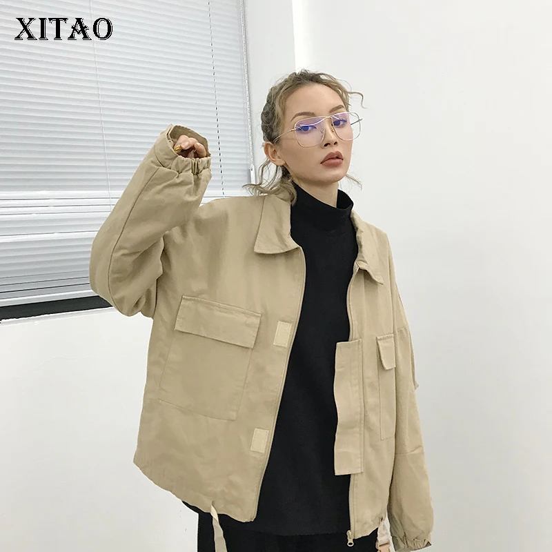 [Xitao] Корея новые модные Для женщин 2018 осень отложной воротник длинный рукав Топ женский сплошной Цвет свободные карман куртки ZLL1938