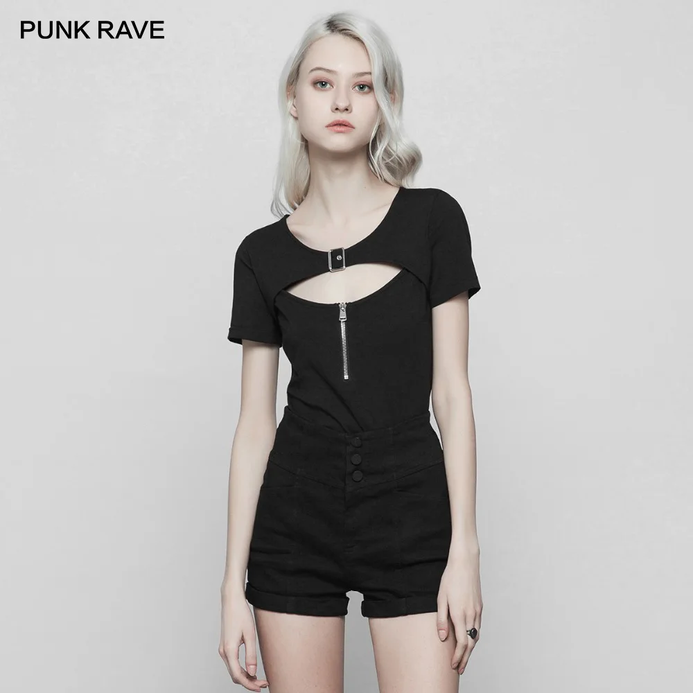 

PUNK RAVE New Women Punk Handsome Knitted Black T-shirt Slightly Sexy Hollow out design on chest Clothes