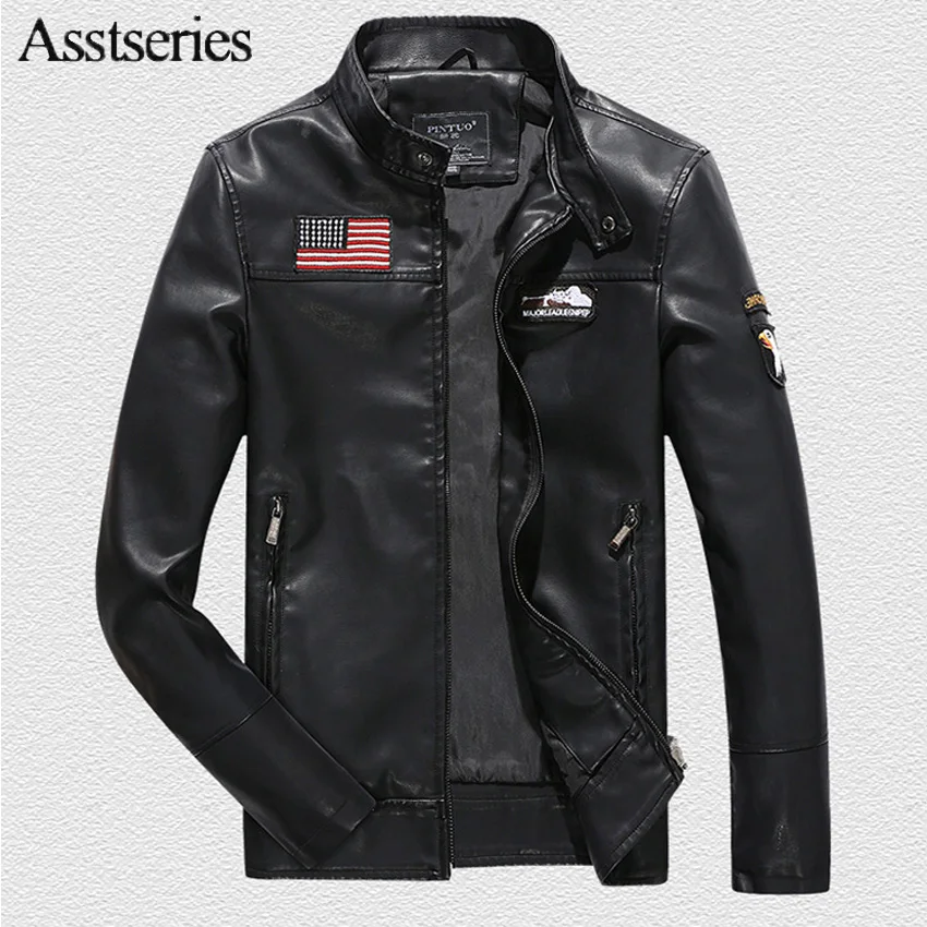 2018 Spring autumn PU leather jacket men Air force one bomber jackets ...