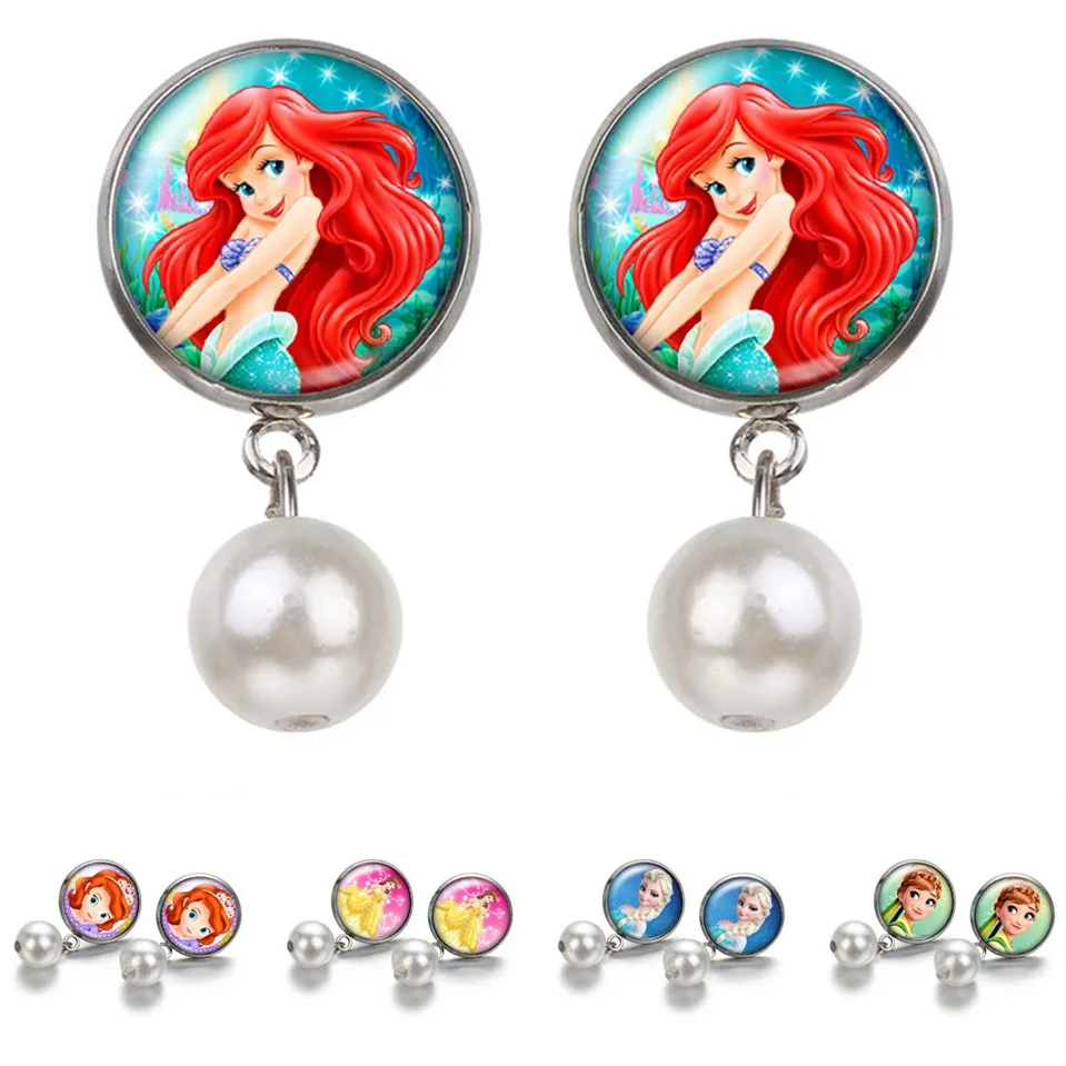 

Beauty Cartoon Princesses 16mm photo glass cabochon Drop earrings Imitation pearls Children Jewelry earrings Kids Christmas gift