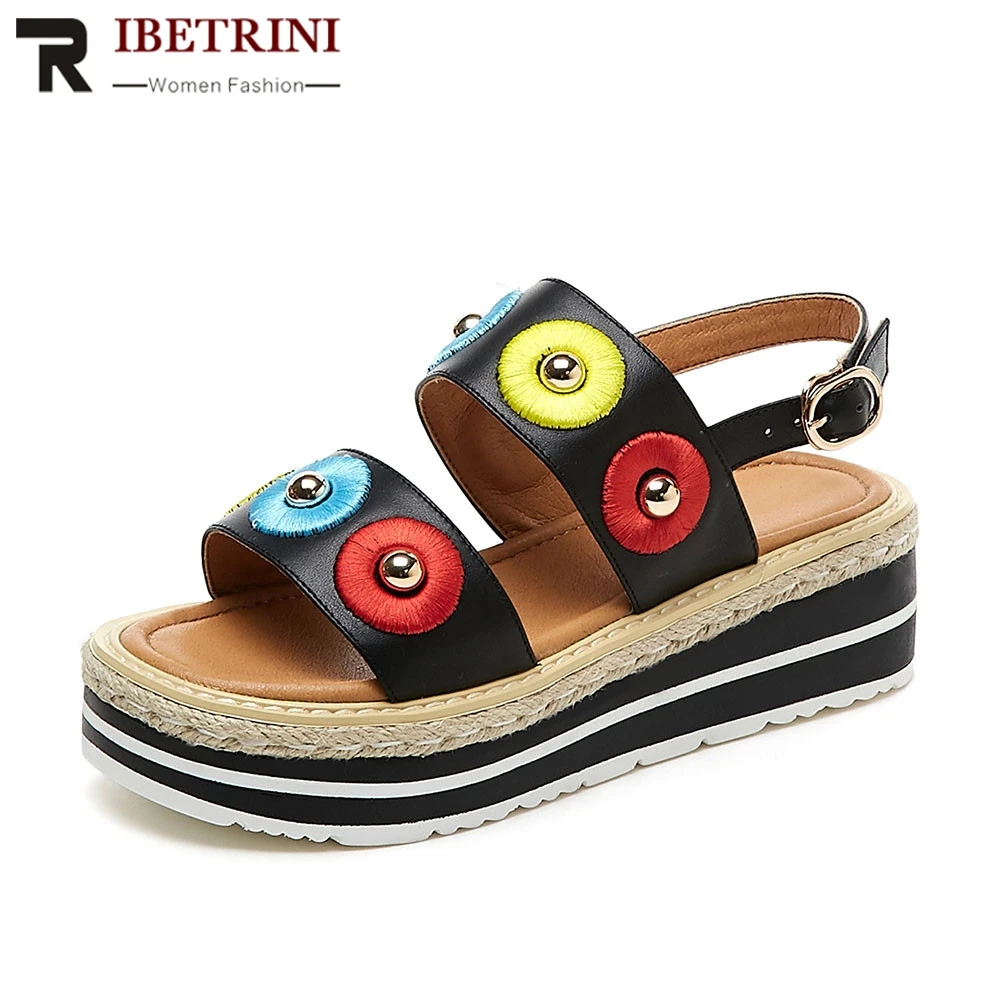 

RIBETRINI Brand New women's Genuine Leather Shoes Summer Sandals 2019 Ladies Wedges Med Heels Shoes Woman Casual Sandals