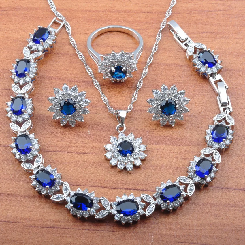 

Silver Color Jewelry Sets Bridal Wedding Jewelrry For Women Blue Cubic Zirconia Earrings Necklace Bracelet And Ring Sets JS0152