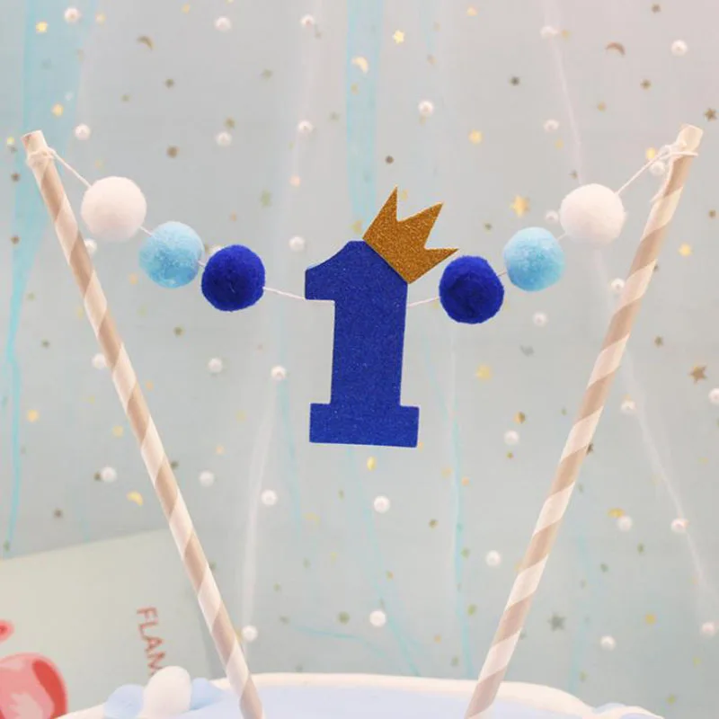

1 Set Kawaii ONE Year Crown Pompon Cake Toppers Birthday Cake Decoration Baby Shower Kids Birthday Party Favor Supplies