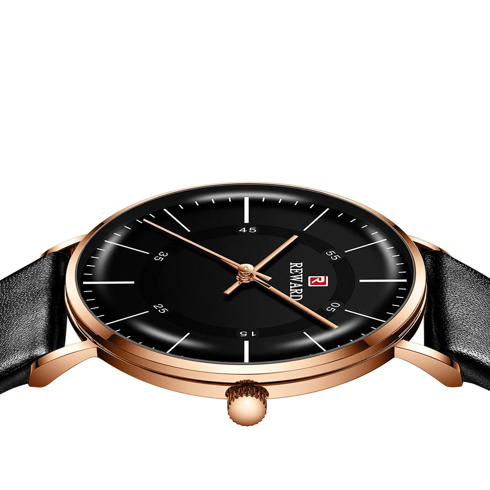 

Luxury Watch Mens Black Leather Analog Wrist Watch Creative Curved Glass Dress Watch for Man Waterproof Business Clock Rose Gold