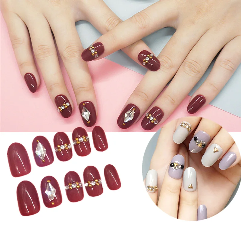 

24pcs/Set Short False Nails Round Head Solid Color Full Nail Ballerina Fake Nail Tips Flash Style Shiny Diamond Shape AB Crystal