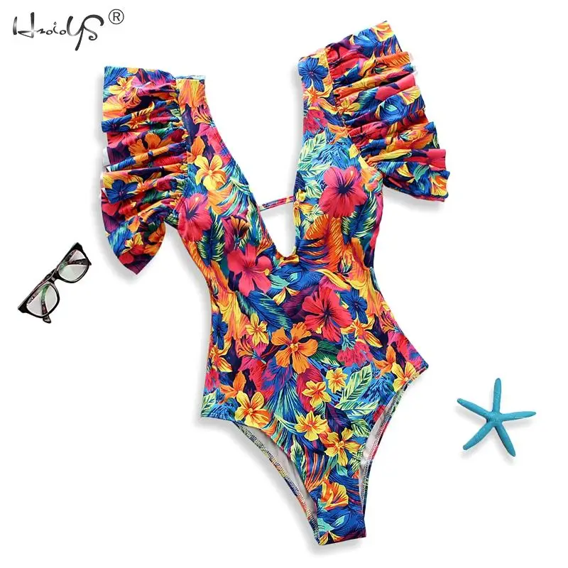 Swimsuit Women One Piece Beach Swimwear Bathing Suit Ruffle Swim wear Deep-V Bathing Suits Beach Wear Swim Suit Women Monokini