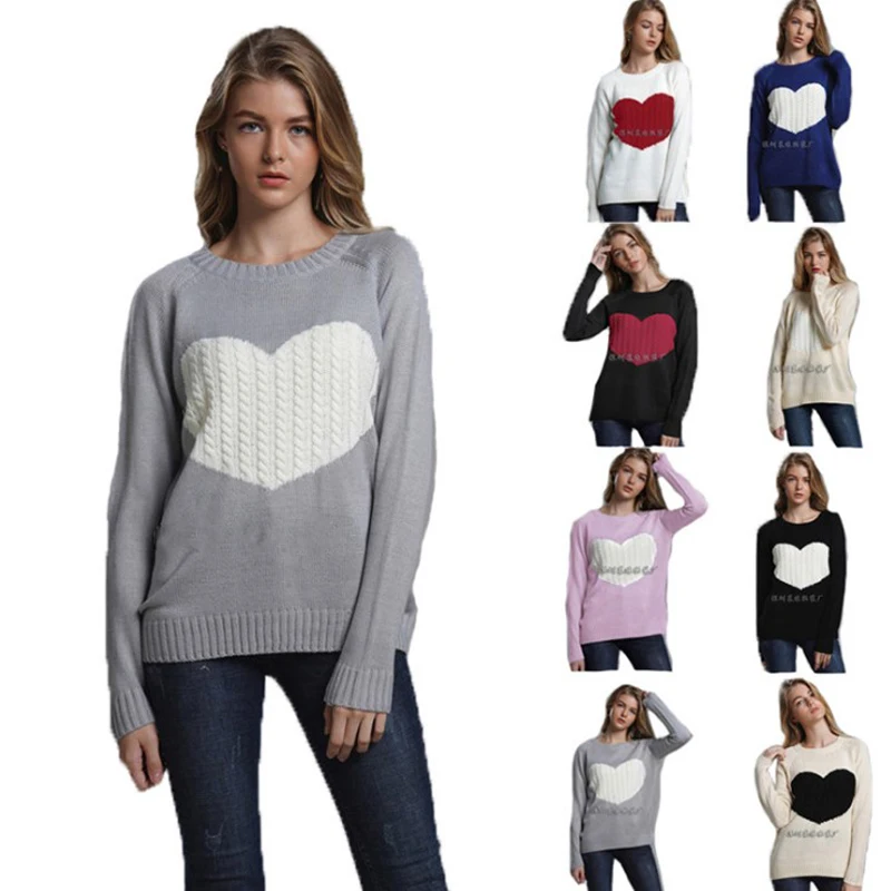 

Women's sweater 2019 autumn and winter new loose heart-shaped printed round neck sweater fashion sweater female