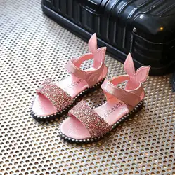 Сандалии для девочек Детская летняя обувь брошь из горного хрусталя для девочек блёстки заячьими ушками bling обувь детей пляжные сандалии