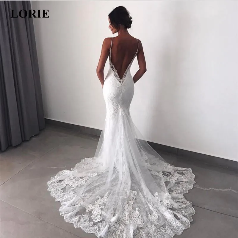 

LORIE 2019 Spaghetti Straps Sexy Backless Lace V-neck Mermaid Wedding Dresses Tulles and Lace Appliques Long Train Wedding dress