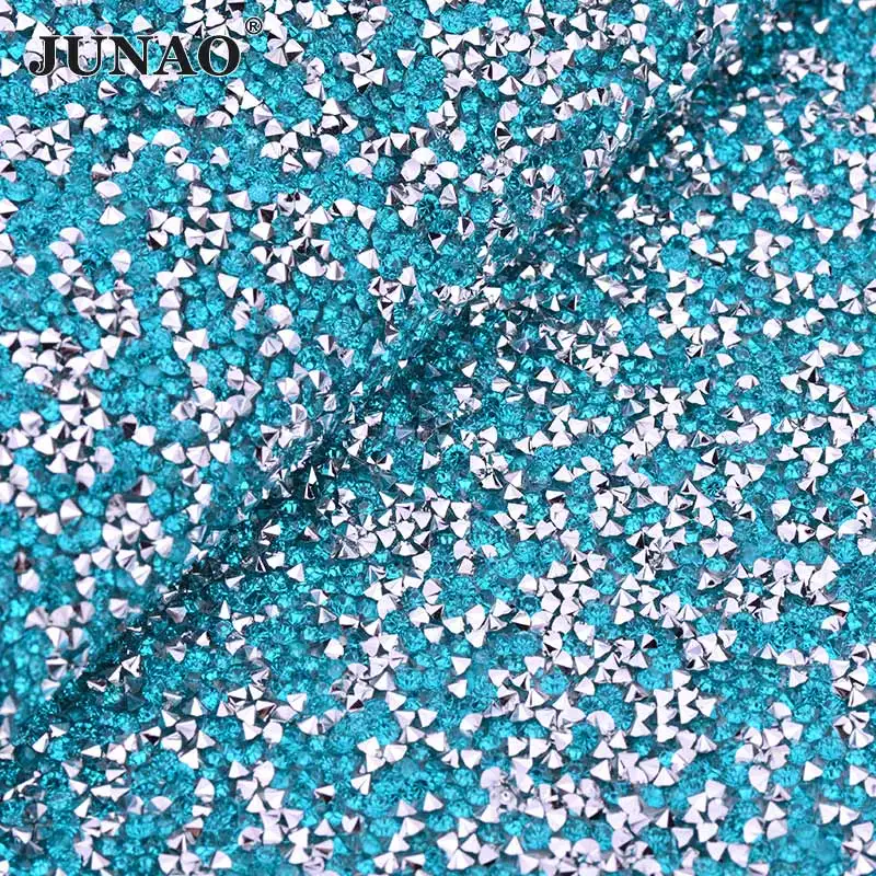 JUNAO 24*40 см самоклеющиеся черные стразы, сетка, отделка, смола, кристалл, ткань, аппликация со стразами, лента для украшения - Цвет: Silver Aquamarine