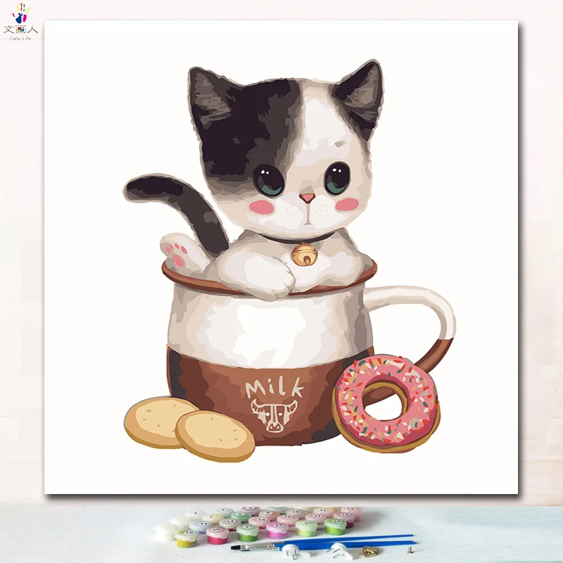 Животные Кошки в чашке цифровая картина маслом раскраска Цифры Картины по номерам с цветами и кистью для детей обучения краски - Цвет: 7090 cat5
