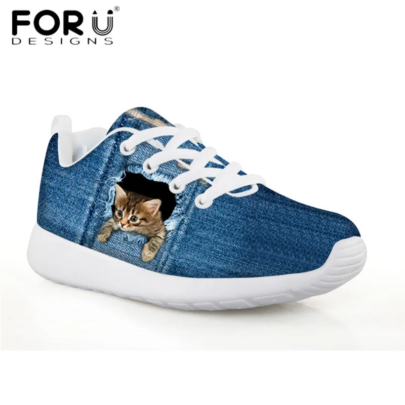 

FORUDESIGNS Fashion Children Casual Shoes Blue Denim 3D Cat Dog Pattern Sneakers for Kids Students Breathable Mesh Running Shoes
