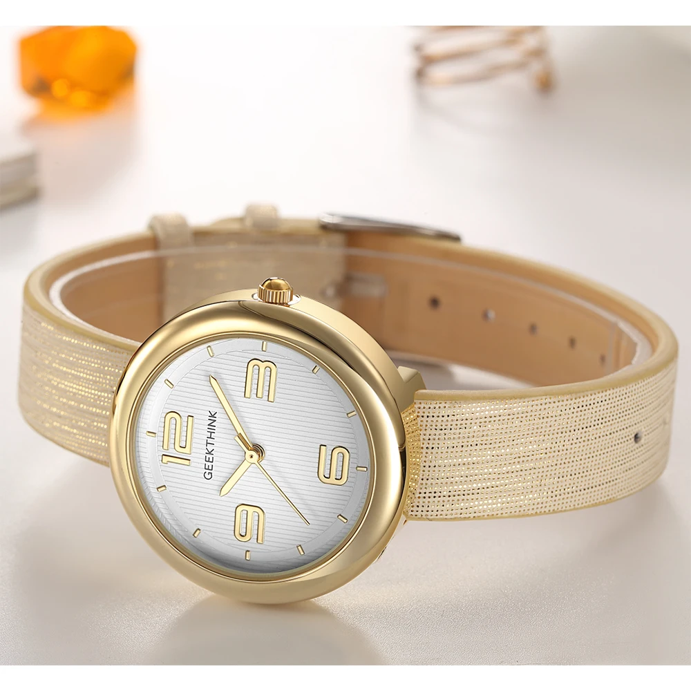 GEEKTHINK цельные кварцевые часы для женщин, золотые Брендовые женские Простые повседневные наручные часы с кожаным ремешком, женские часы Relogio