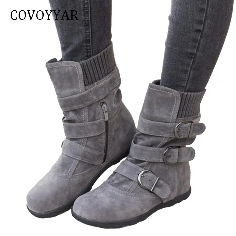 COVOYYAR/Лидер продаж года; Модные женские ботинки; удобные ботильоны для верховой езды с пряжкой; сезон осень-зима; женская обувь из флока на плоской подошве; большие размеры; WBS965