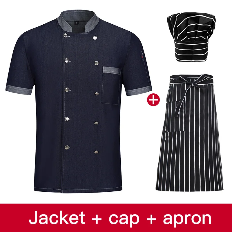 Джинсовые куртки с короткими рукавами униформа для ресторана рубашки мужские и wo мужские гостиничные подставка для кухни пальто готовка рабочая одежда мужские M-4XL - Цвет: jacket cap apron