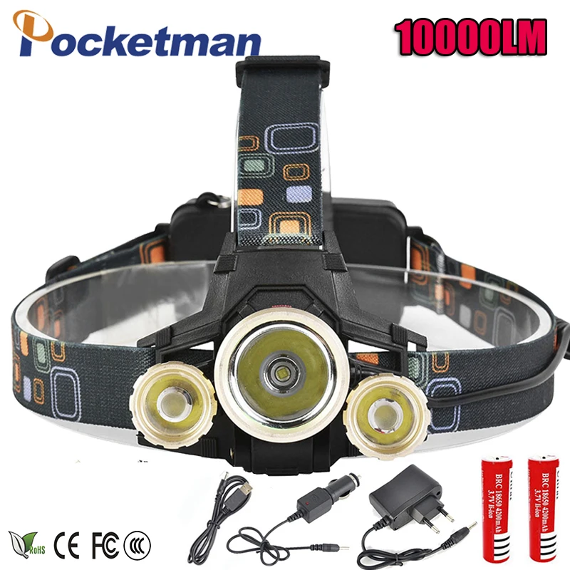 

10000LM T6 Led Headlamp Headlight T6+2XPE Lampe Frontale Head Light Flashlight LED Lamp Rechargeable Led Head Lamp T6 LED