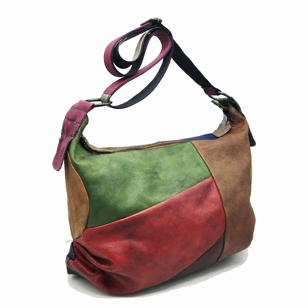 Лоскутная сумка-хобо из воловьей кожи, Женская Повседневная Большая мягкая сумка из воловьей кожи, женская модная сумка на плечо из натуральной кожи - Цвет: random color