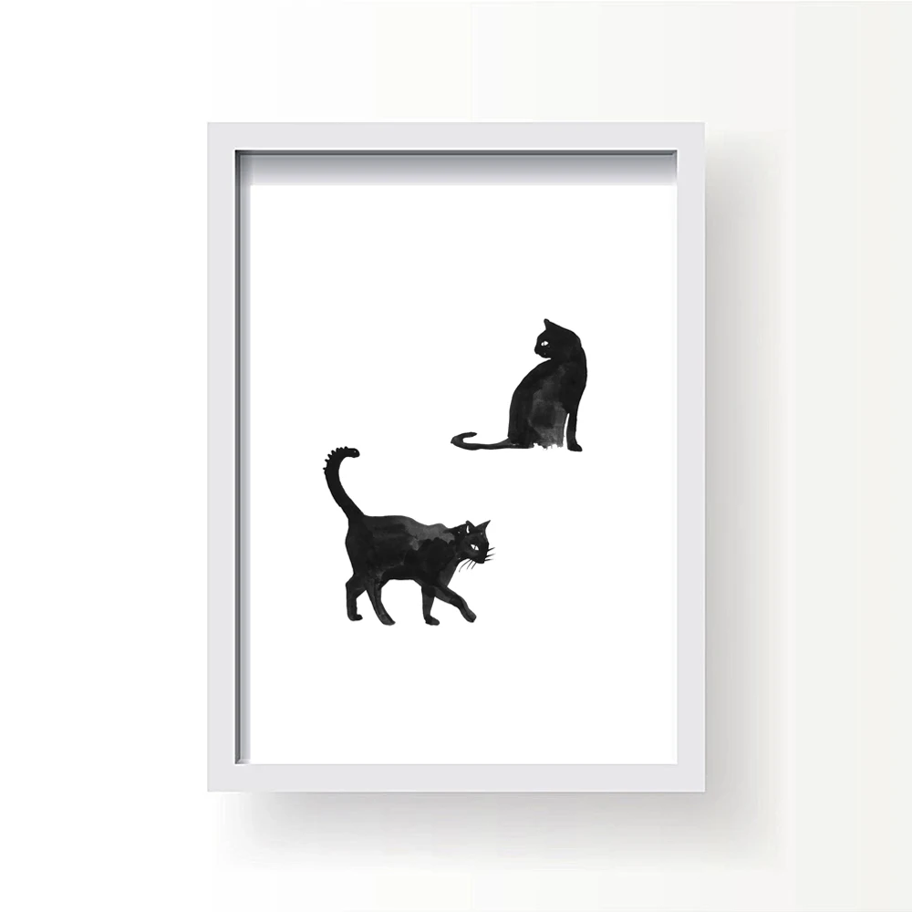 Aquarelle Chat Noir Toile Art Impression Peinture Affiche