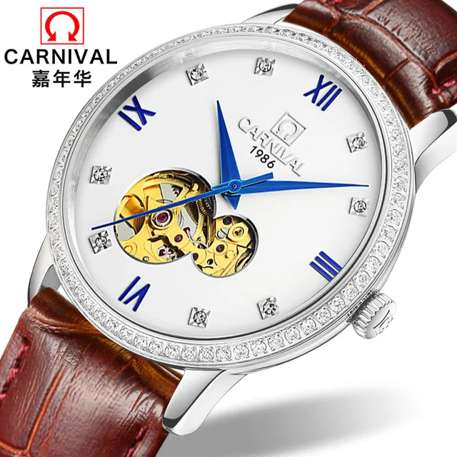 

Carnival Hollow Mechanical Watches Men Import Movement Leather Strap Diamond Clock For Male Waterproof Stainless Steel