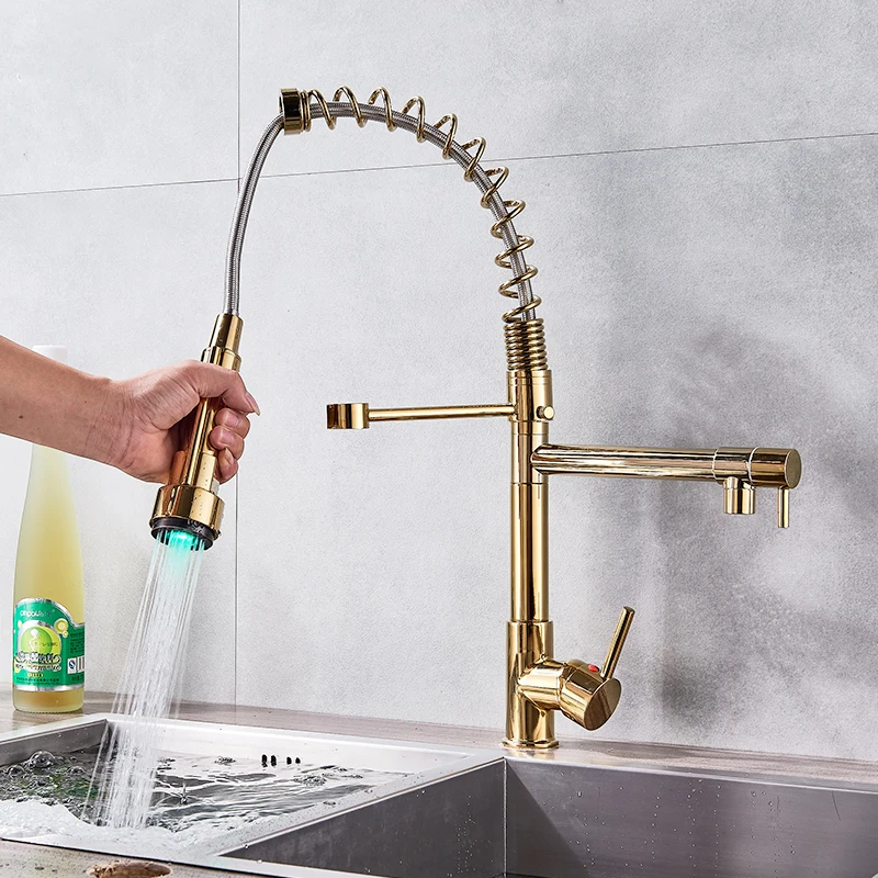 quyanre gappo led changes kitchen spring faucet sink faucet single handle hot cold water mixer tap dual spout pull down spray bathroom sink faucet1