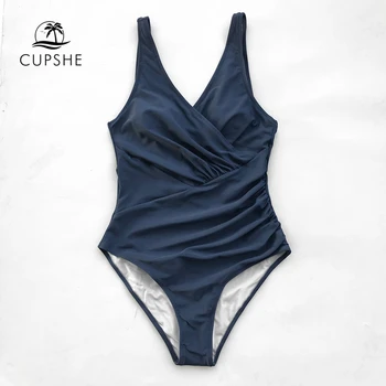 

CUPSHE Navy Solid One-piece Swimsuit Women V-neck Shirring Scoop U Back Plain Monokini 2020 Beach Bathing Suit Swimwear