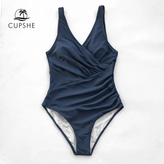 US $13.72 CUPSHE Navy Solid One-piece Swimsuit Women V-neck Shirring Scoop U Back Plain Monokini 2020 Beach B
