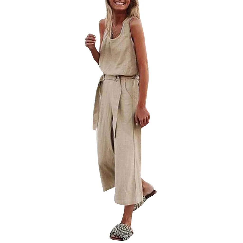 

Women Summer Casual Jumpsuits Solid Pure Balck Sleeveless Bohe High Waist Belt Wide Leg Jumpsuits Rompers Playsuit Summer New