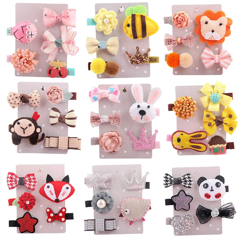 

Wholesale 5PCS/Set Kids Infant Colorful Hairpin Baby Girl Cartoon animal motifs Hair Clip Set Girls Hairpins Hair Accessories
