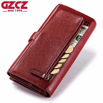 

RFID Women Genuine Leather Wallet Hasp Coin Purses Women Red Long Wallets Card Holder Clutch Bags For Women portefeuille femme