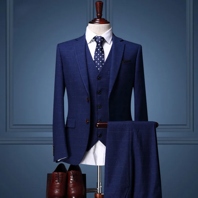 Brand Mens Suit Wedding Suits For Men Royal Blue Plaid Tuxedo Slim Brand Mens Suit Wedding Suits For Men Royal Blue Plaid Tuxedo Slim Fit High Quality