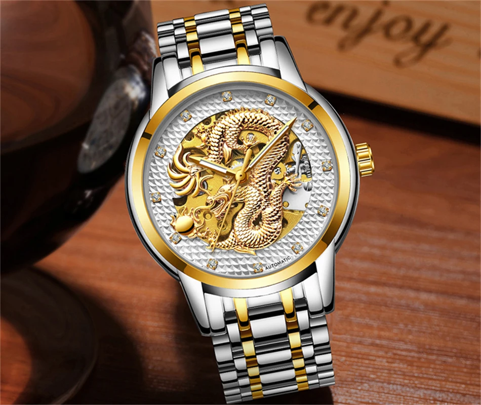 LIGE Дракон Скелет автоматические деловые часы для мужчин наручные часы нержавеющая сталь Ремешок золотые 30 м водонепроницаемые мужские