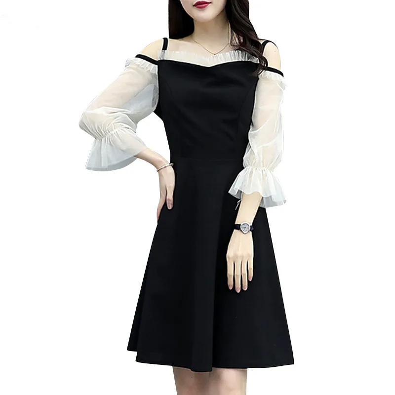 Женское платье средней длины элегантное с одним вырезом на талии и сетчатым