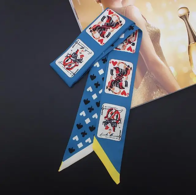 2018 New Arrival Playing Cards Print Narrow Scarf Silk Choker Lady Headband Bag Hairband Ribbon Scarves Retail&Wholesale 2
