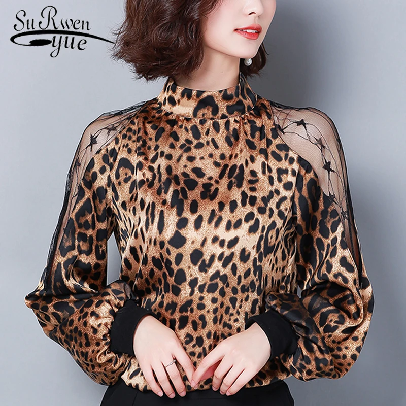 Fashion womens tops and blouses sexy lace off shoulder top Leopard print chiffon blouse shirt long 