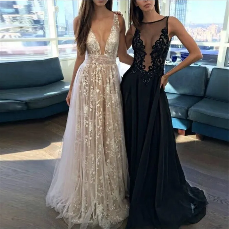 

2018 fashion Evening Party Dress Women Sexy Deep V Neck Lace Maxi Long Dress Elegant Backless Vestidos Women Christmas Dress