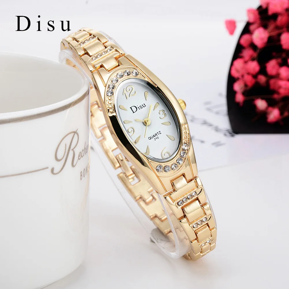 

2018 Disu Luxury Brand New Women Fashion Casual Watches Gold Wristwatch Crystal Ellipse Women Bracelet Dress Quartz Watch DSU033