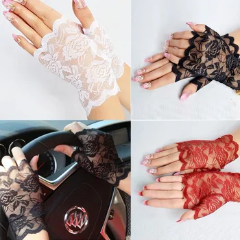 

KLV 1Set Elegant Sheer Floral Lace Fingerless Gloves Women Black Rose Gloves Scalloped Trim Summer Outdoor Sun-Blocking Mittens