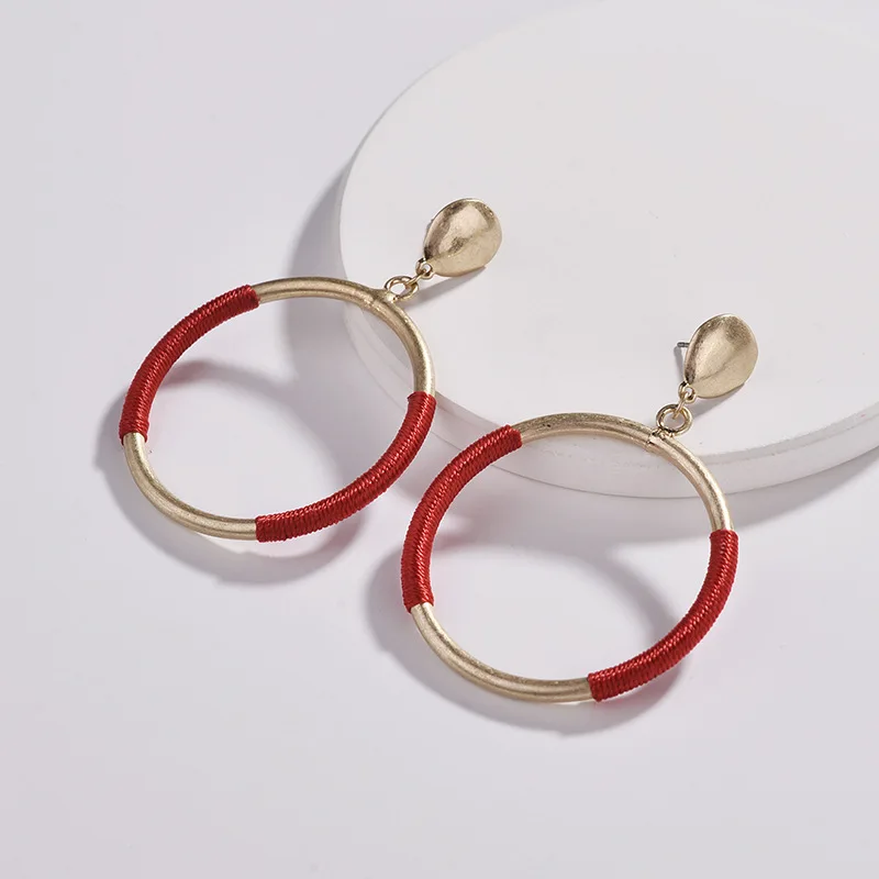 

Wholesale 6 Pair Women's New Geometric Brass Circle Handmade Drop Earrings with Silk Wrapped Silver Gold Statement Jewelry