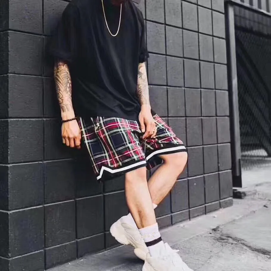 Men's Scottish Plaid Shorts Fashion Streetwear Side Zipper Lattice Mesh Stretch Waist Loose Knee length Justin Bieber Same Short