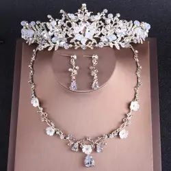 Для женщин волос Диадемы Свадебные короны комплект Цепочки и ожерелья Серьги 2018 Роскошные Бусины кристалла свадебные цветы Банданы для