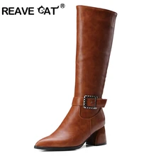 Reave Cat/Сапоги До Колена Для Женщин на толстом каблуке женская зимняя обувь с острым носком на молнии с пряжкой в стиле ретро модные Большие размеры 32-43 A266
