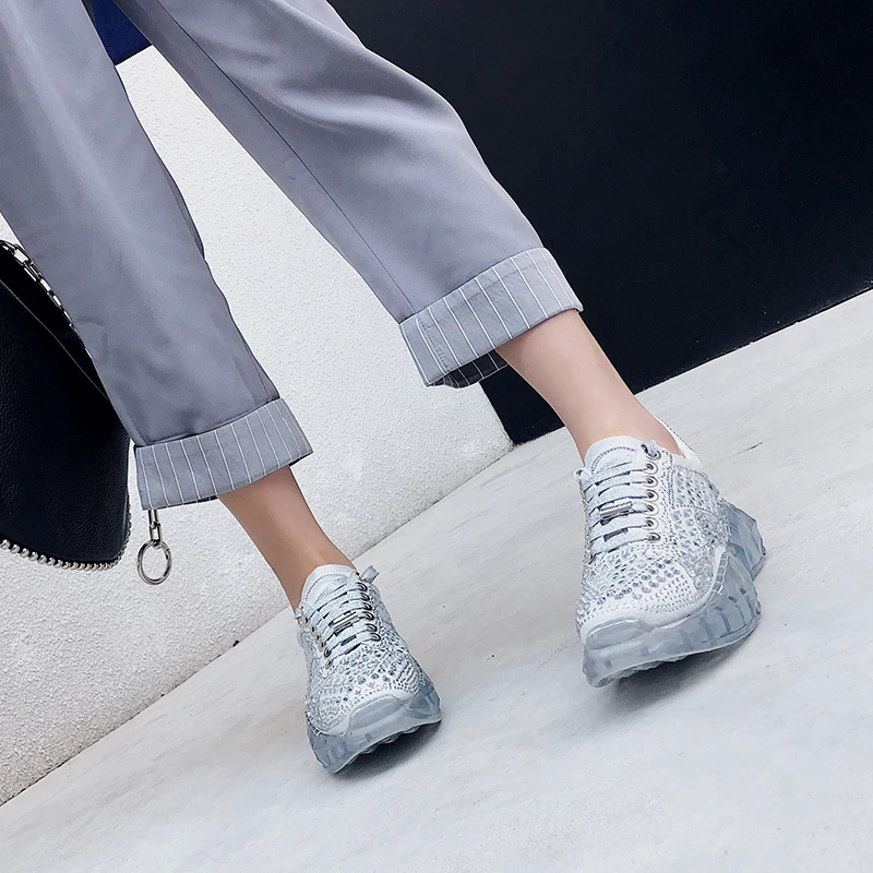 

2019 Spring Newest All Rhinestone Sneakers Genuine Leather Women Shoes Oxford Sole Chunky Sneakers Harajuku Casual Dad Shoes