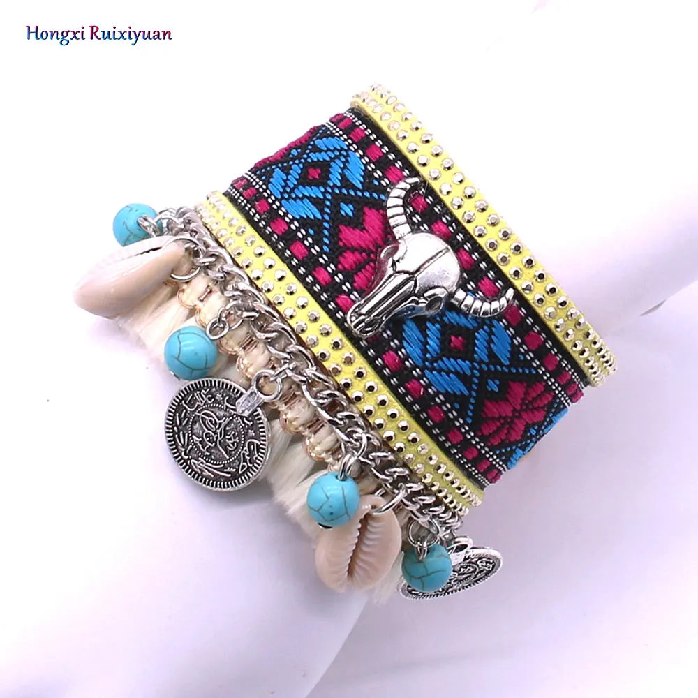 

Onlyee Bohemian leather friendship bracelet ladies alloy cow head handmade charm Bracelet & Bangles ethnic pattern jewelry