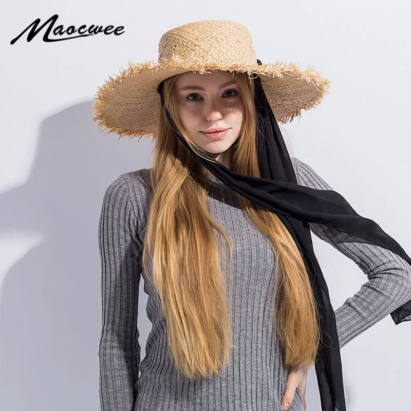 

Handmade Weave Raffia Sun Hats for Women Black Ribbon Lace Up Large Brim Straw Hat Outdoor Beach Summer Caps Chapeu Feminino