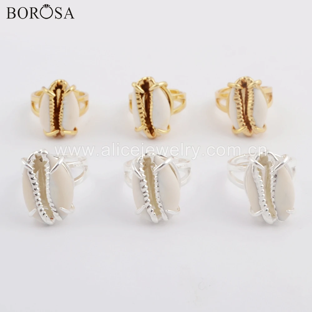 

BOROSA 5PCS Stylish Gold/Silver Bezel Natural Cowrie Shell Ring With Gold/Silver Trim Natural Shell Claw Rings Jewelry ZG0398